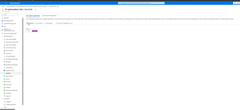 System-assigned Managed Identity im Azure-Portal auf „Ein" stellen