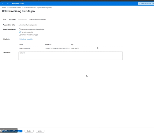 Rollenzuweisung im Portal: Rolle an die verwaltete Identität des Automation Accounts vergeben