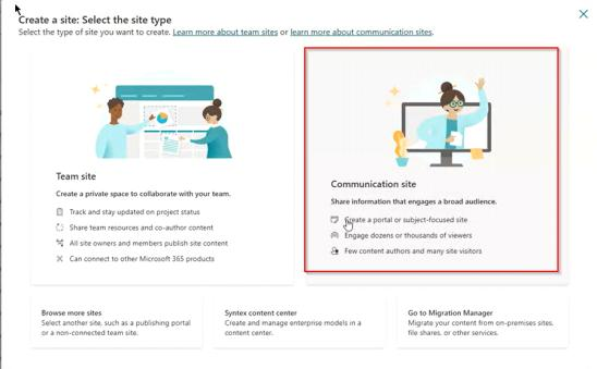 Auswahl des Site-Typs beim Anlegen einer SharePoint-Site: Team site oder Communication site
