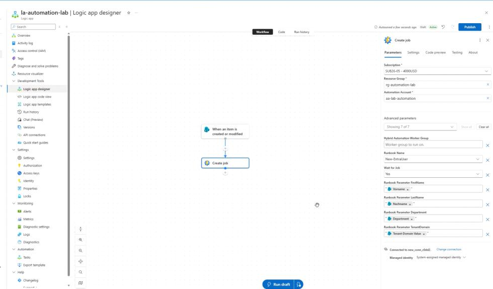 Logic App Designer: Aktion „Create job" startet ein Runbook und übergibt Parameter