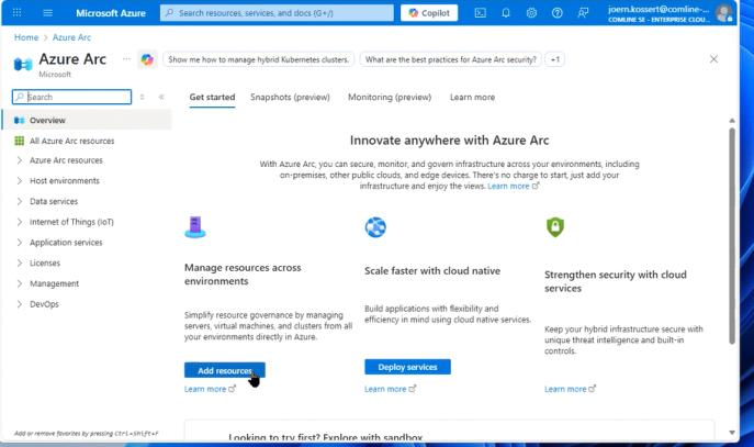Startseite von Azure Arc im Azure-Portal mit der Schaltfläche „Add resources"