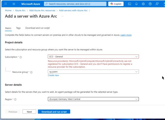Konfigurationsmaske „Add a server with Azure Arc" mit Subscription, Resource Group und Region