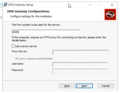 OMS-Gateway-Konfiguration mit Port-Feld 8080 und optionalen Proxy-Einstellungen