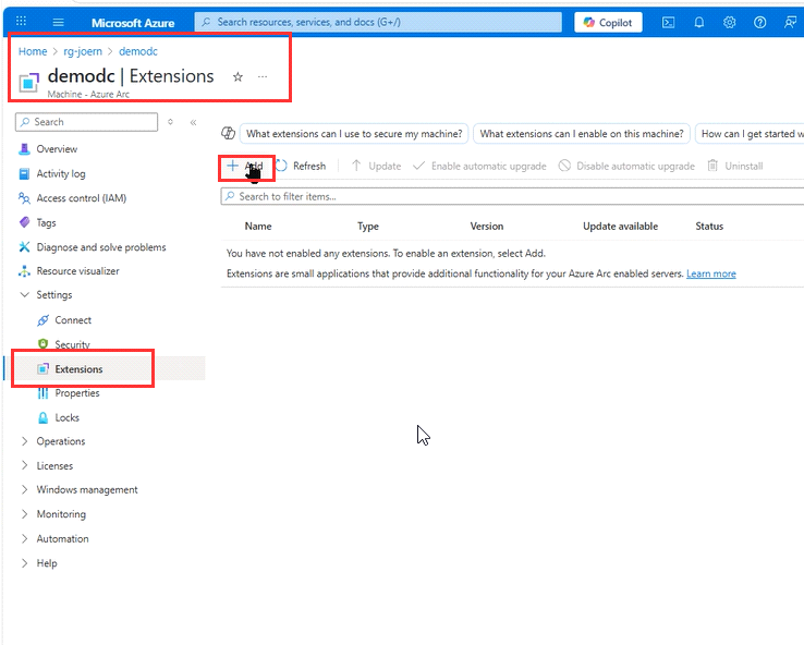 Extensions-Ansicht einer Arc-Maschine mit der Schaltfläche zum Hinzufügen einer Extension