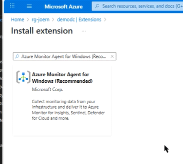 Auswahl der Extension „Azure Monitor Agent for Windows (Recommended)"