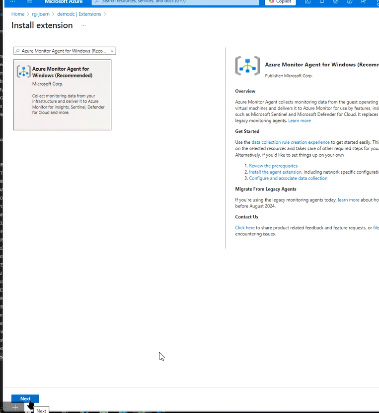 Detailansicht des Azure Monitor Agent mit Overview und Get-Started-Schritten