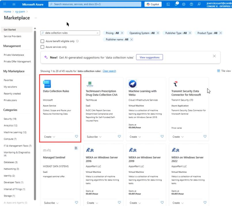 Azure Marketplace mit Suchergebnis „Data Collection Rules" von Microsoft