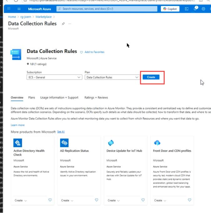 Marketplace-Detailseite „Data Collection Rules" mit Subscription-Auswahl und Create-Button