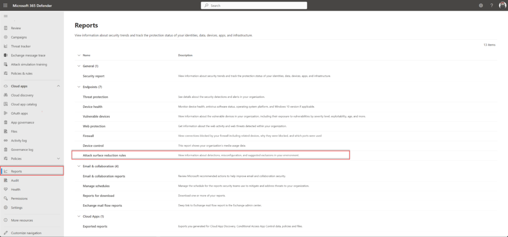 Der Attack-Surface-Reduction-Bericht im Defender-Portal.
