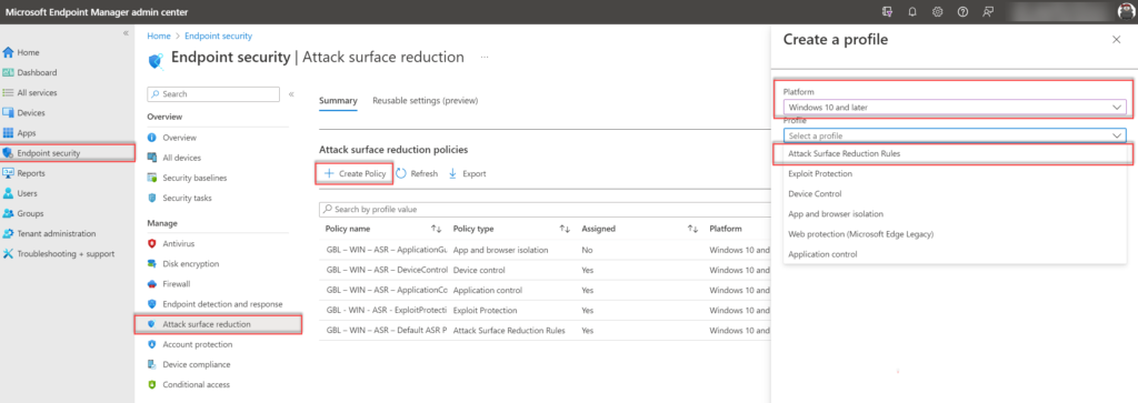 Ein neues Attack-Surface-Reduction-Profil in Intune anlegen.