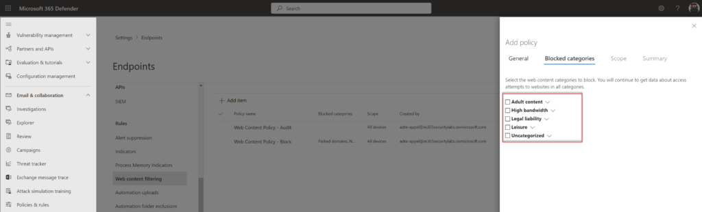 Eine neue Web-Content-Filtering-Richtlinie im Defender-Portal.
