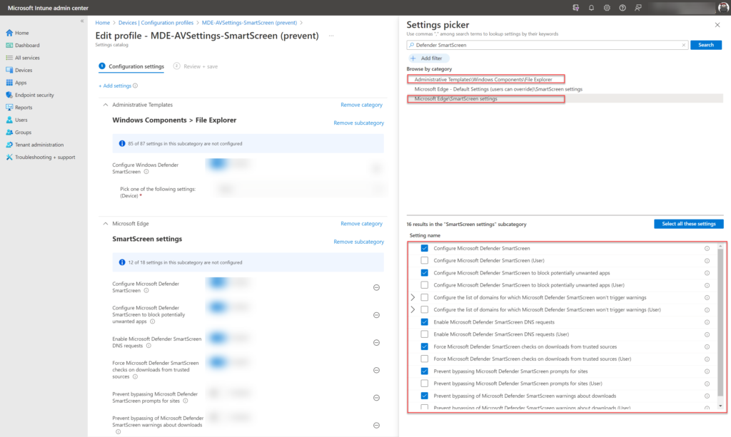 Ein Intune-Settings-Catalog-Profil mit den SmartScreen-Einstellungen für Edge und Datei-Explorer.