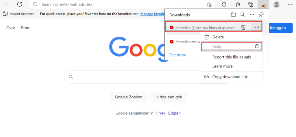 Modus „Warnen und Überspringen verhindern": Download-Warnung mit „Löschen".