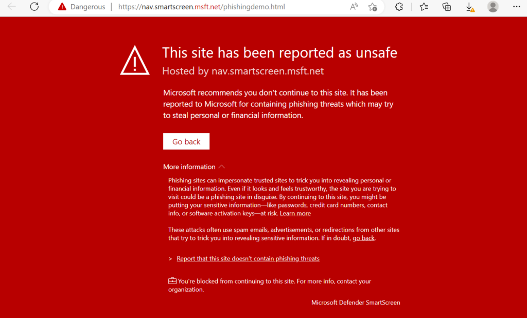 Modus „Warnen und Überspringen verhindern": rote Sperrseite einer schädlichen Website.