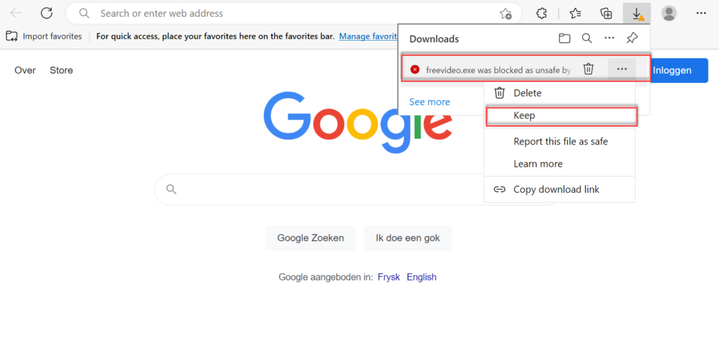 Modus „Warnen": Download lässt sich per „Beibehalten" fortsetzen.