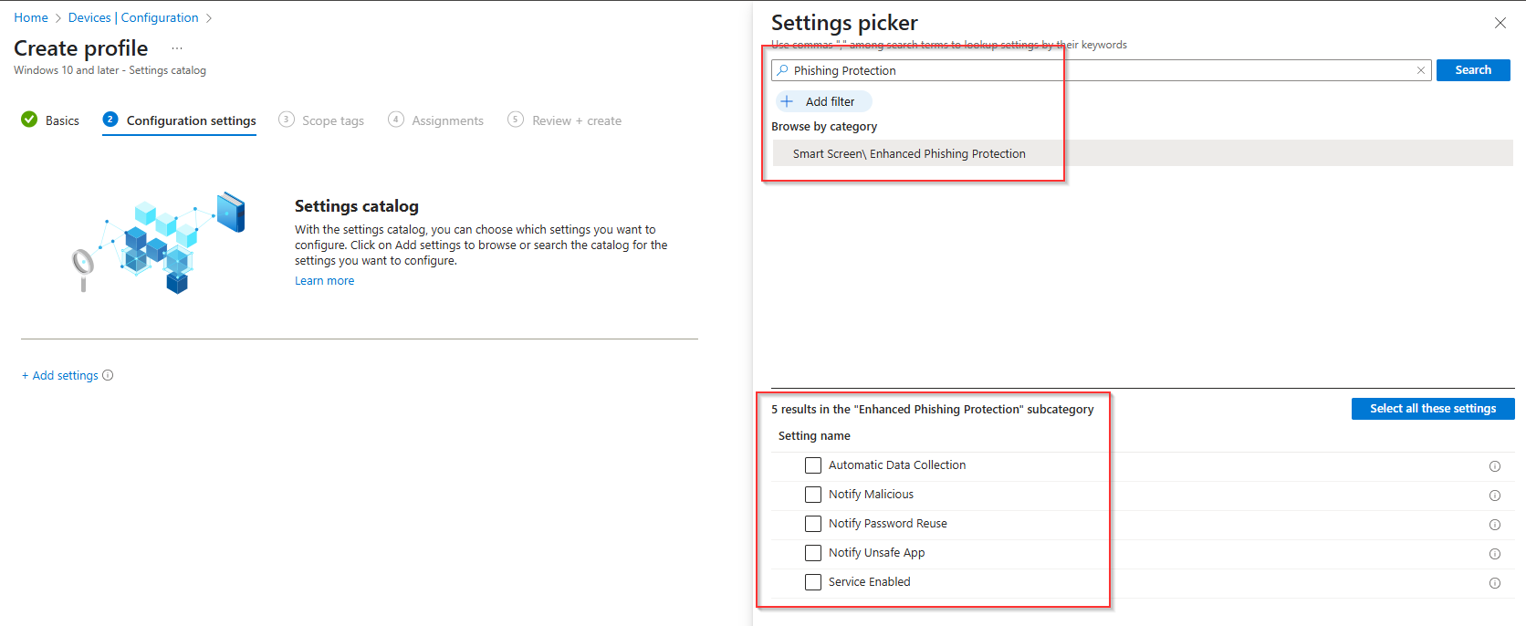 Die Enhanced-Phishing-Protection-Einstellungen im Intune-Settings-Catalog.