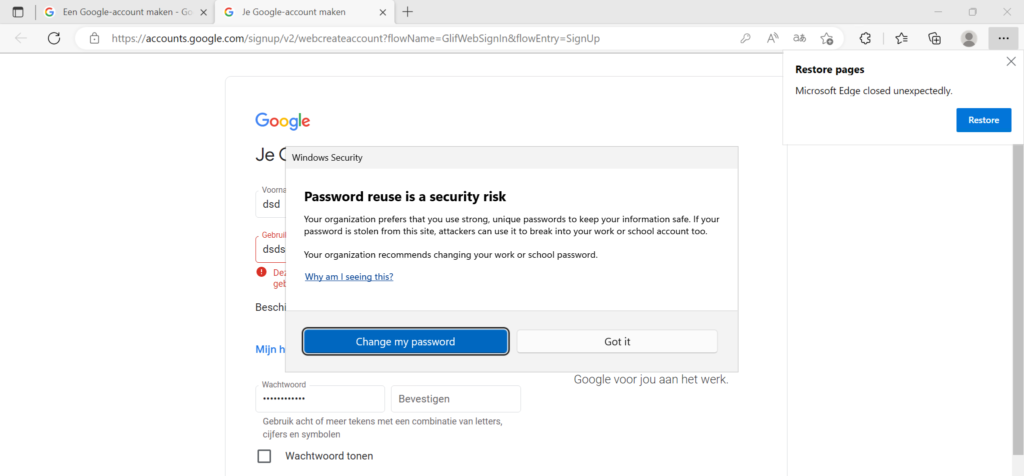 SmartScreen-Warnung „Password reuse is a security risk".