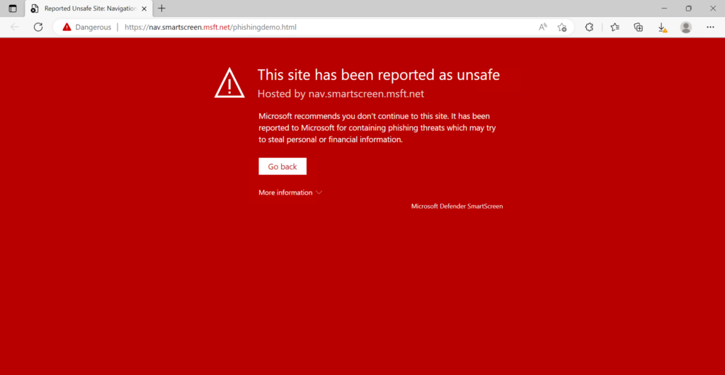 Test der URL-Reputation über die Demo-Site demo.wd.microsoft.com.