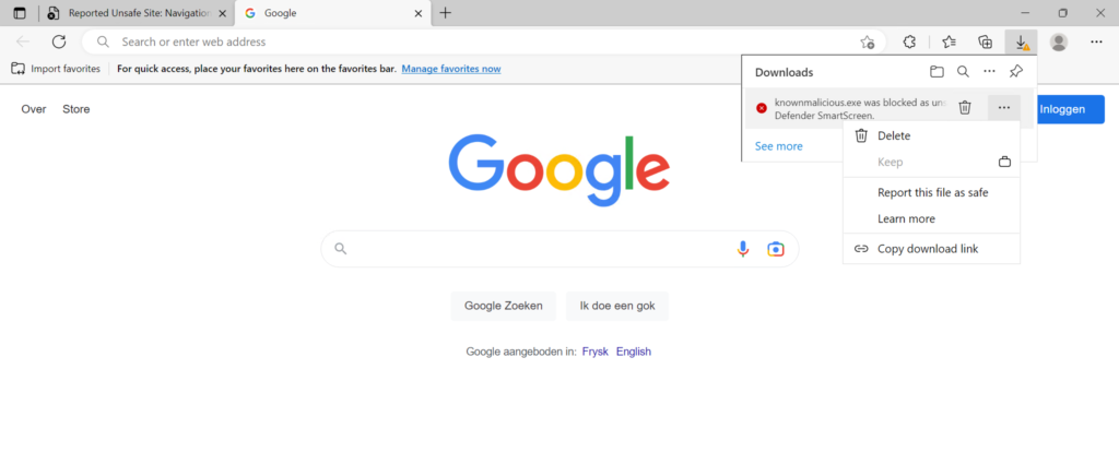 Test der Anwendungs-Reputation über die Demo-Site.
