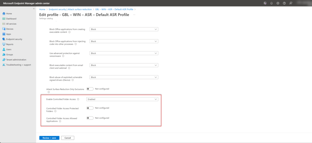 „Enable Controlled folder access" in der Intune-Endpoint-Security-Richtlinie.