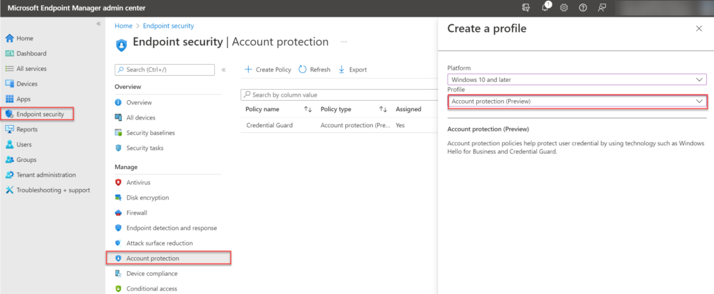 Ein neues Account-Protection-Profil in Intune anlegen.
