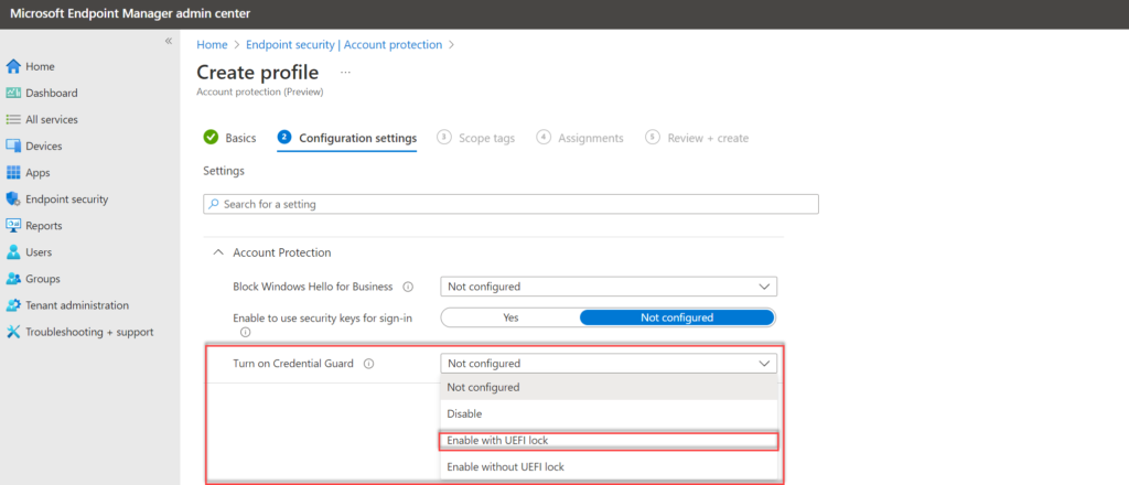 Die Option „Turn on Credential Guard" mit „Enable with UEFI lock".