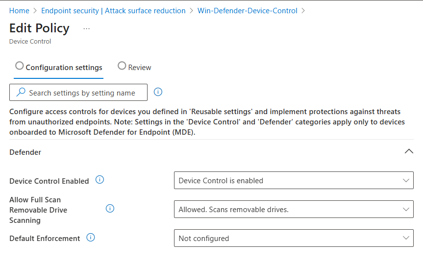 Eine Device-Control-Policy in Intune erstellen, die die Reusable Settings verwendet.