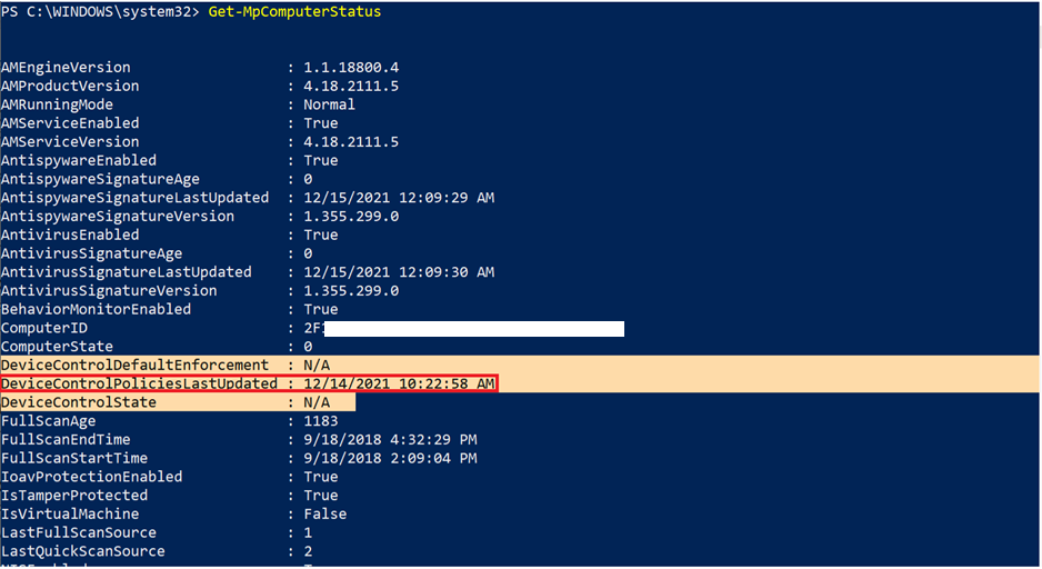 Get-MpComputerStatus zeigt den Device-Control-Status in PowerShell.