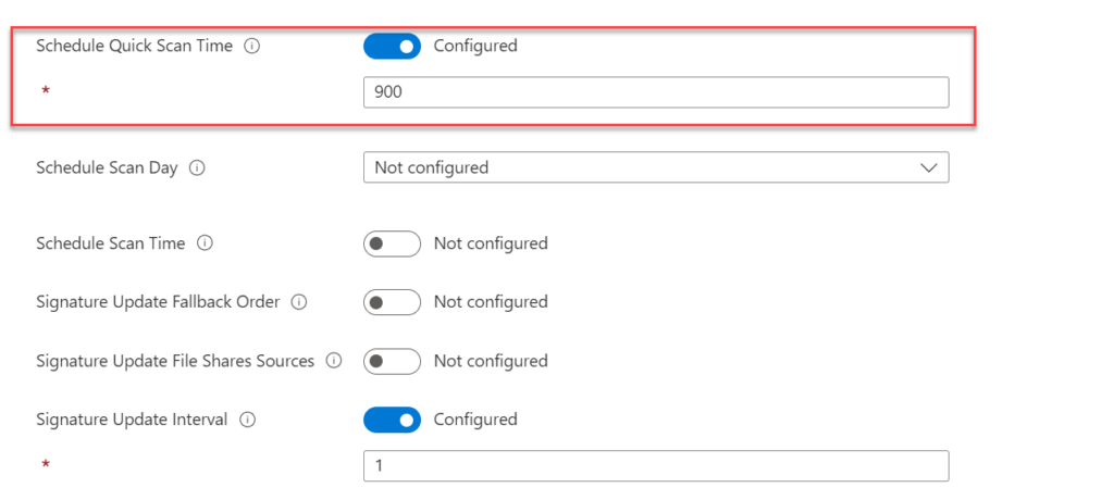 Einstellung „Schedule Quick Scan Time" im Intune-Antivirus-Profil