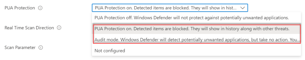 Einstellung „PUA Protection" im Intune-Antivirus-Profil