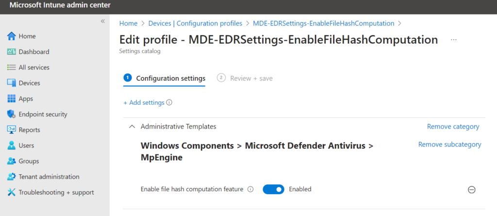 Einstellung „EnableFileHashComputation" im Intune Settings Catalog
