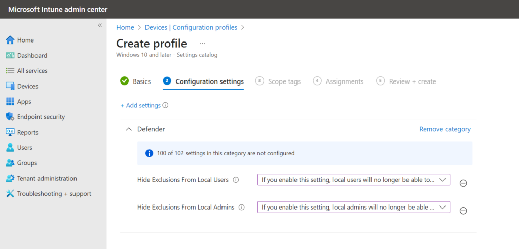 Einstellungen „Hide Exclusions from Local Admins/Users" im Intune Settings Catalog