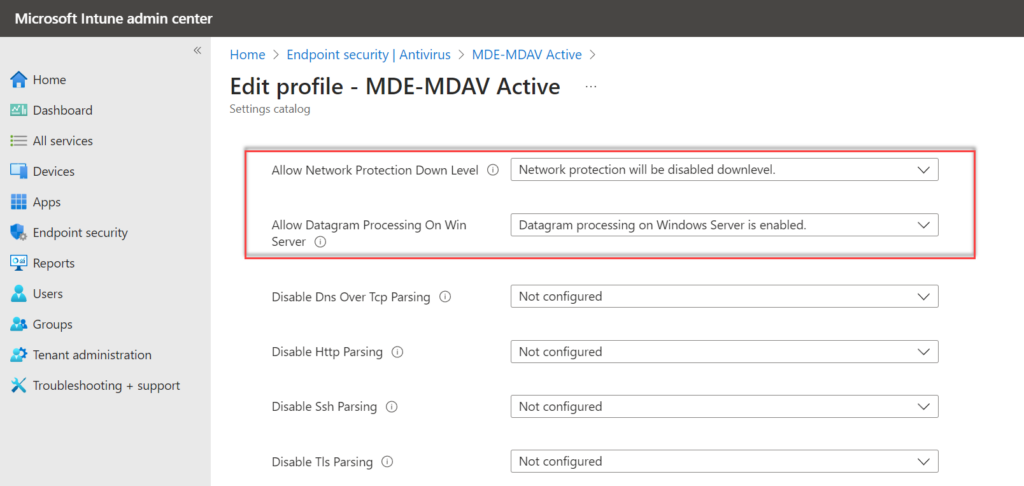 Netzwerkschutz-Einstellungen für Windows Server und Multi-Session in Intune/MDE