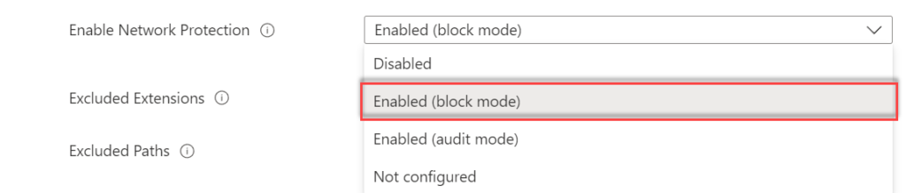 Einstellung „Enable Network Protection" auf Enabled (Block) im Intune-Antivirus-Profil