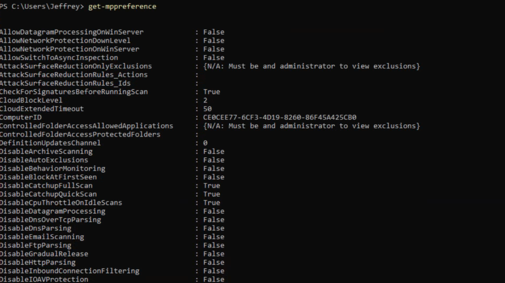 Beispielausgabe von Get-MpPreference in PowerShell