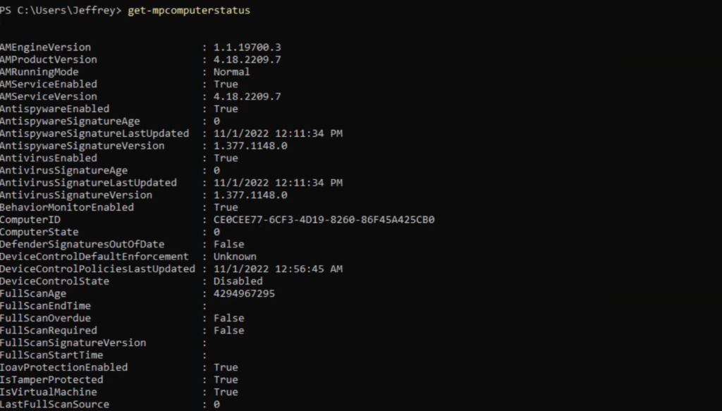 Beispielausgabe von Get-MpComputerStatus in PowerShell