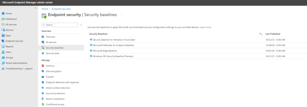 Verfügbare Sicherheitsbaselines im Intune Admin Center