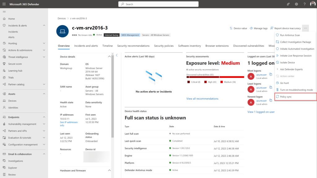 „Policy sync"-Schaltfläche auf der Geräteseite im Microsoft 365 Defender Portal