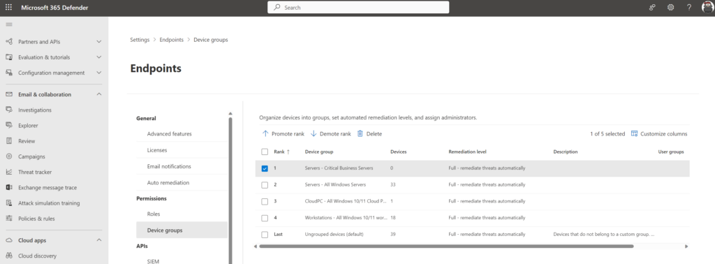 Endpoints – Device groups im Defender-Portal: mehrere Gerätegruppen mit Remediation level „Full – remediate threats automatically".