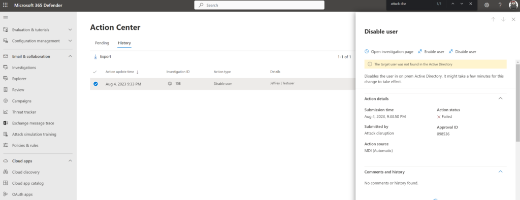 Action Center, History: ein Eintrag „Disable user" mit Action source „MDI (Automatic)" und dem Detailbereich der ausgeführten Aktion.