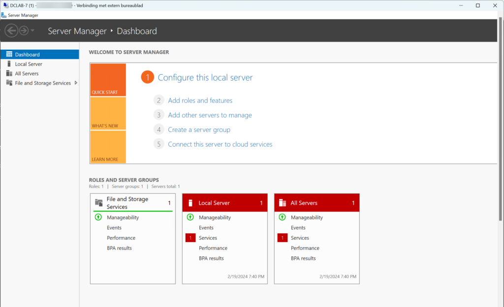 Server Manager auf dem kompromittierten, nicht onboardeten Windows-Server (DCLAB-7), auf den der Angreifer per Remotedesktop zugreift.