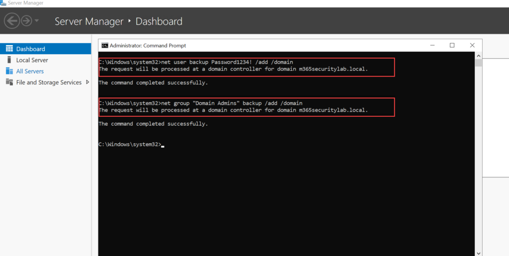 Eingabeaufforderung: net user backup … /add /domain und net group „Domain Admins" backup /add /domain – beide Befehle mit „completed successfully".