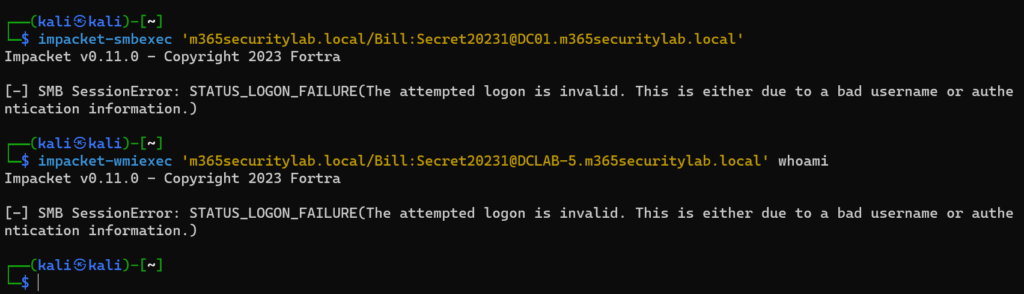 Kali-Terminal: impacket-smbexec und impacket-wmiexec gegen die Domain-Controller scheitern mit STATUS_LOGON_FAILURE.