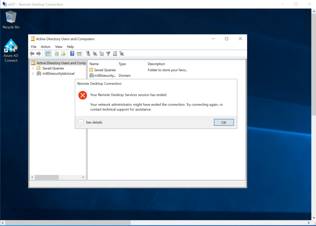 Remotedesktop-Fehlermeldung „Your Remote Desktop Services session has ended" auf dem Domain Controller.