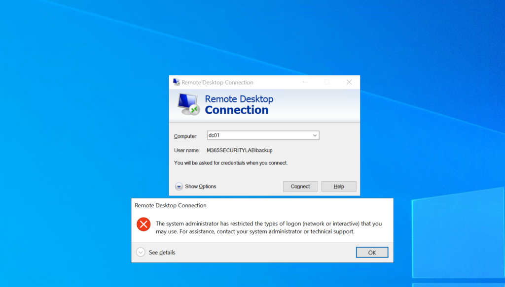 Remotedesktop-Verbindung mit dem Konto backup wird mit „The system administrator has restricted the types of logon" abgewiesen.