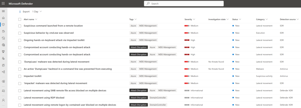 Alerts-Liste, in der mehrere Warnungen das Tag „Attack Disruption" tragen (z. B. lateral movement blocked, hands-on-keyboard attack).