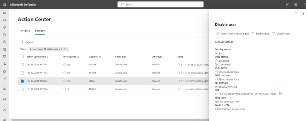 Action Center, History: mehrere Einträge „Contain user" und „Disable user" mit dem Detailbereich des enthaltenen Kontos Bill.