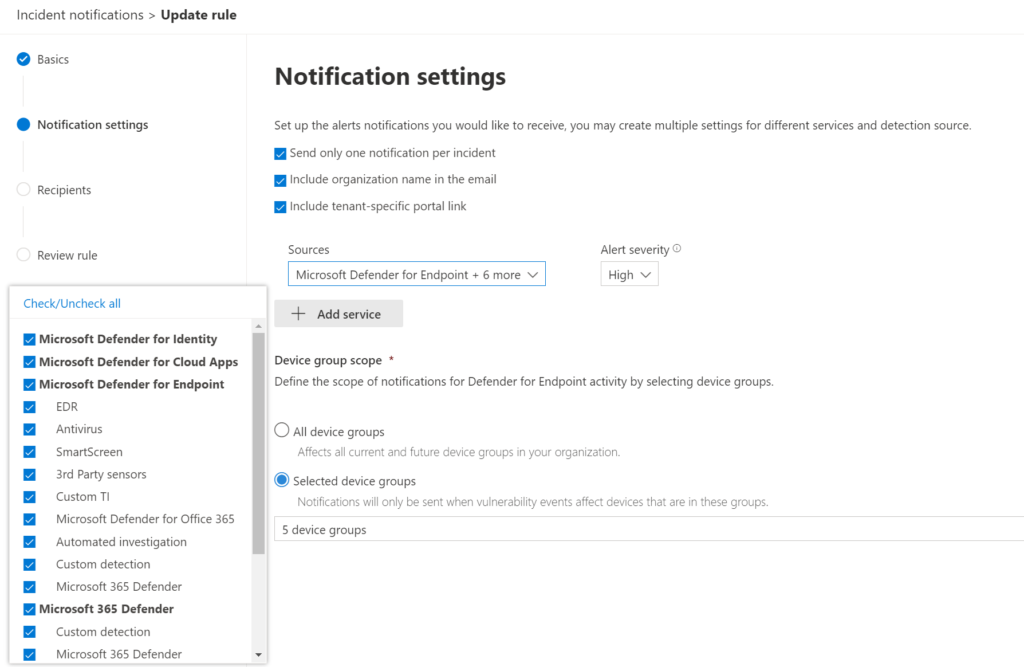 Benachrichtigungseinstellungen im Microsoft 365 Defender-Portal (Incident Notifications)