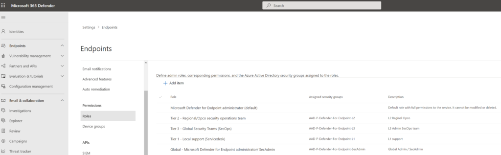 Bereich „Rollen" im Microsoft Defender-Portal