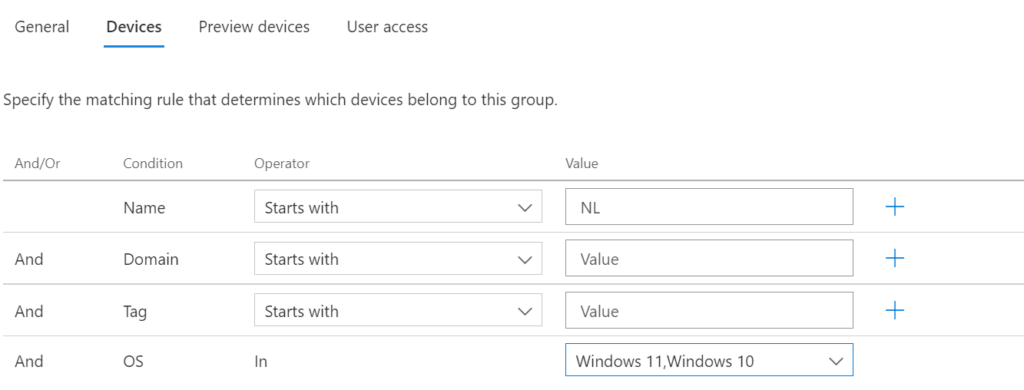 Mitgliedschaftsregel einer Gerätegruppe für alle Windows-10/11-Geräte, deren Name mit „NL" beginnt
